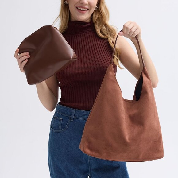 Suede Hobo Bag Women Faux Leather Large Capacity Stylish Office Purse - Picture 2 of 4